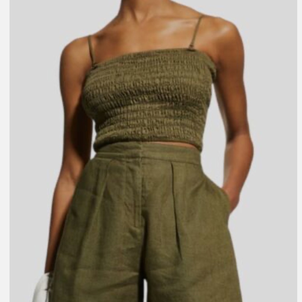 atm linen cropped tank top - seaweed dark green smocked tube - L like new